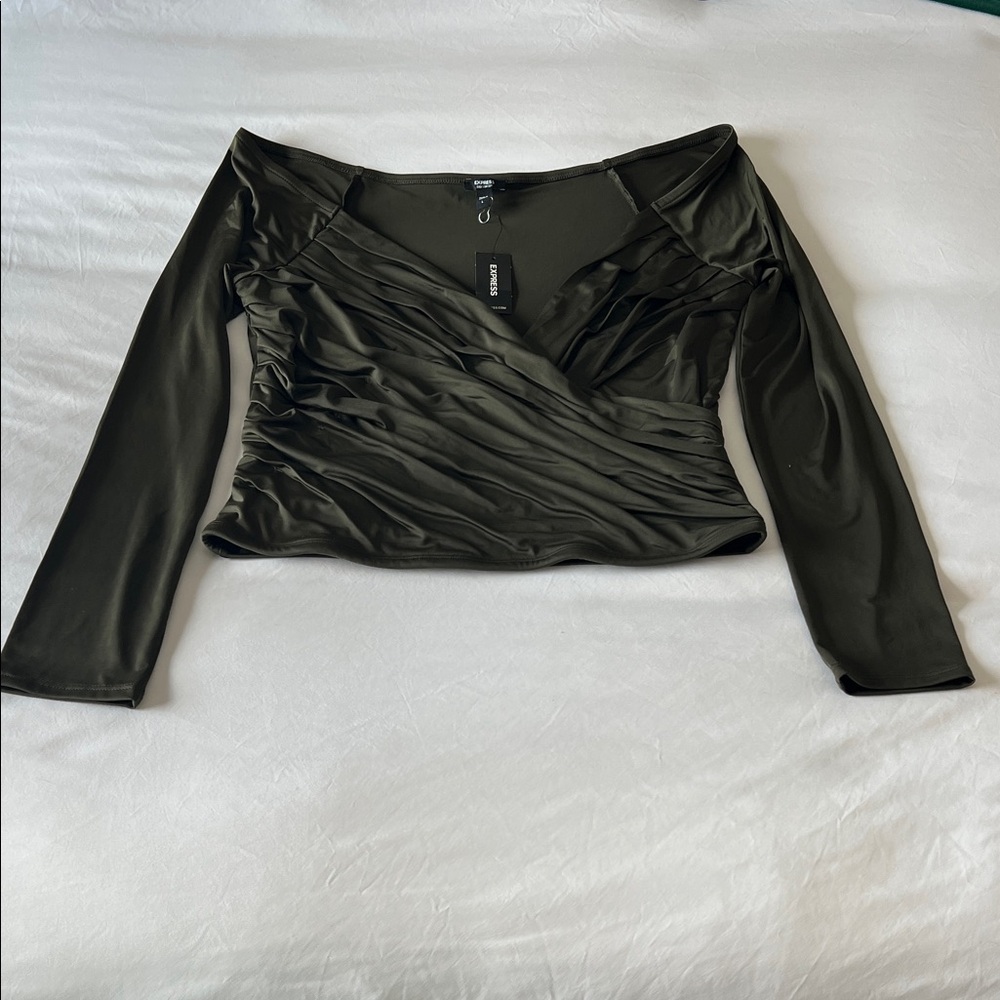 New - Express Olive Green Cropped Body Contour Draped Blouse